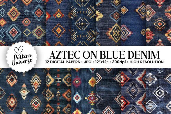 Elevating Digital Craftsmanship with Aztec Pattern on Blue Denim Backgrounds