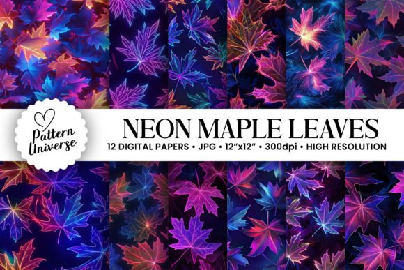 Neon Maple Leaves Digital Papers for Crafts