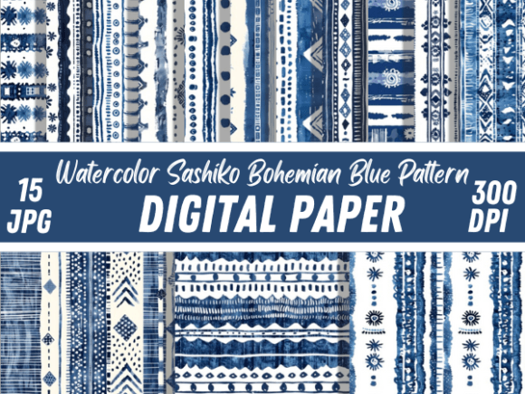 Unlocking Creativity with the Watercolor Sashiko Bohemian Blue Pattern Digital Bundle