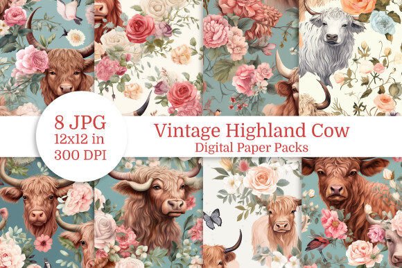 Vintage Highland Cow Digital Paper