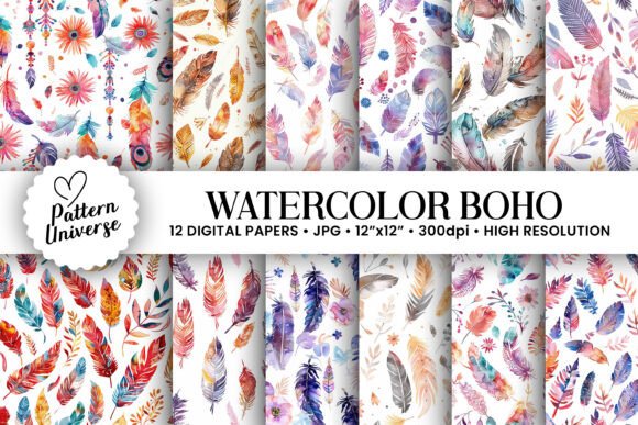 Watercolor Boho Feathers Digital Papers: Elevating Your Creative Projects Without the Guesswork